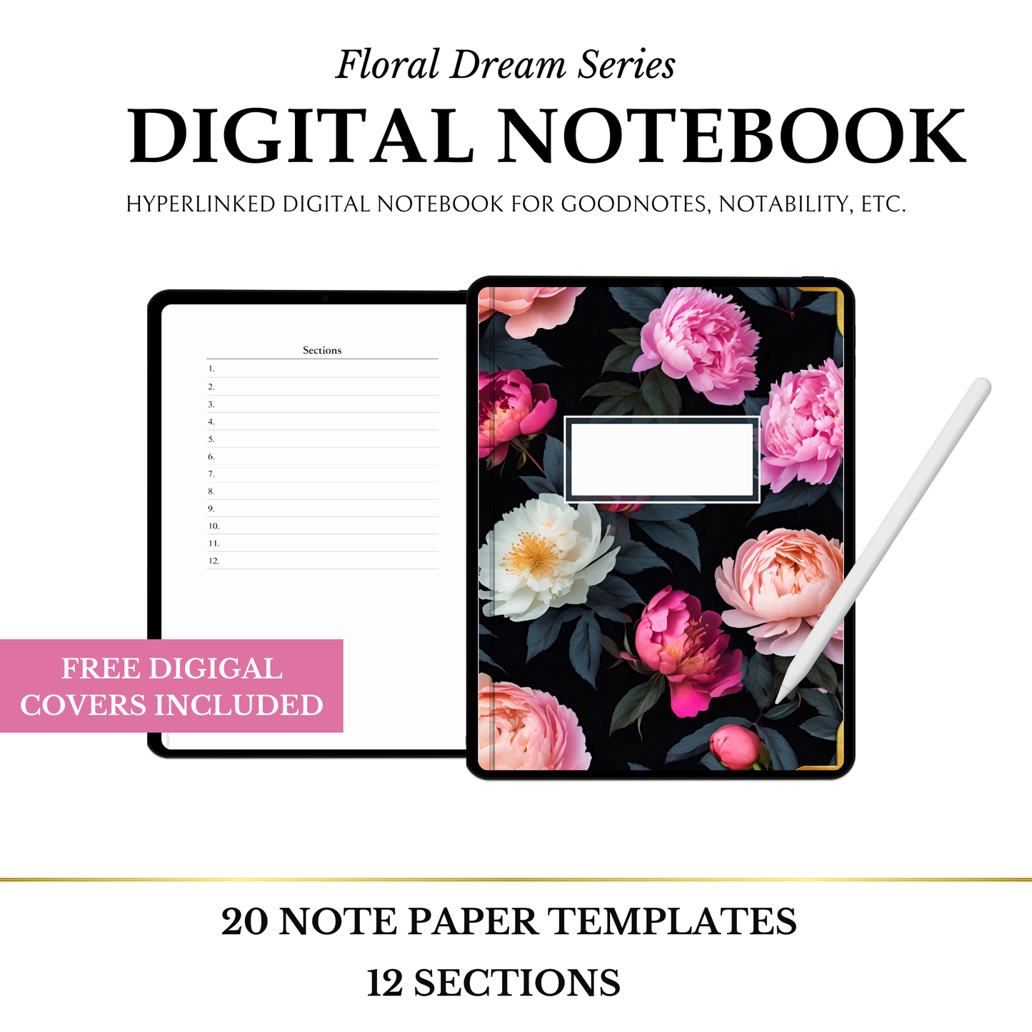 Digital Notebook, Portrait, Goodnotes, Android Friendly Tablet, 12 Sections, Free Covers, Peonies, Pink