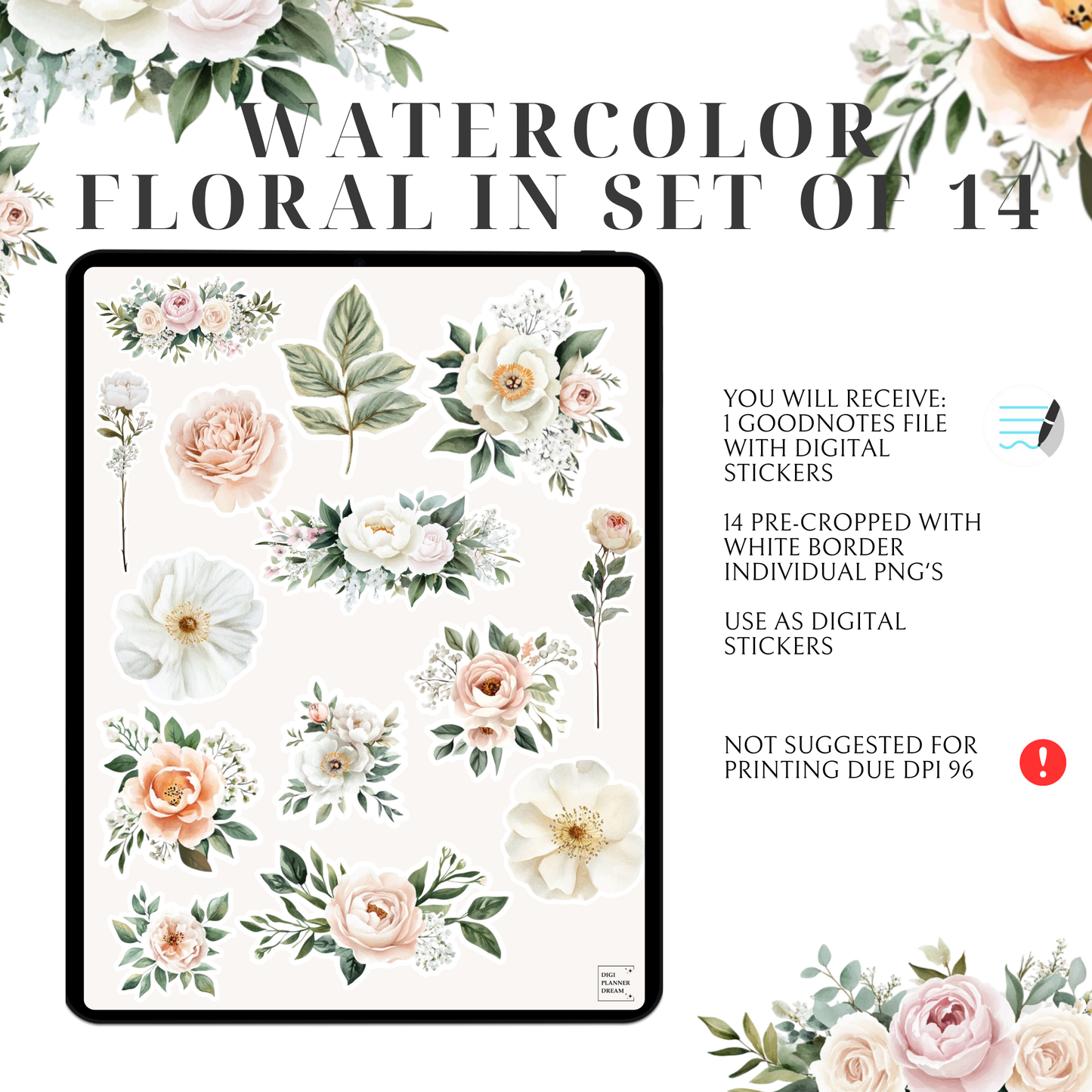 🌸 14 Watercolor Floral Stickers for GoodNotes | Pre-Cropped PNGs | Digital Planner Stickers with White Border 🌸