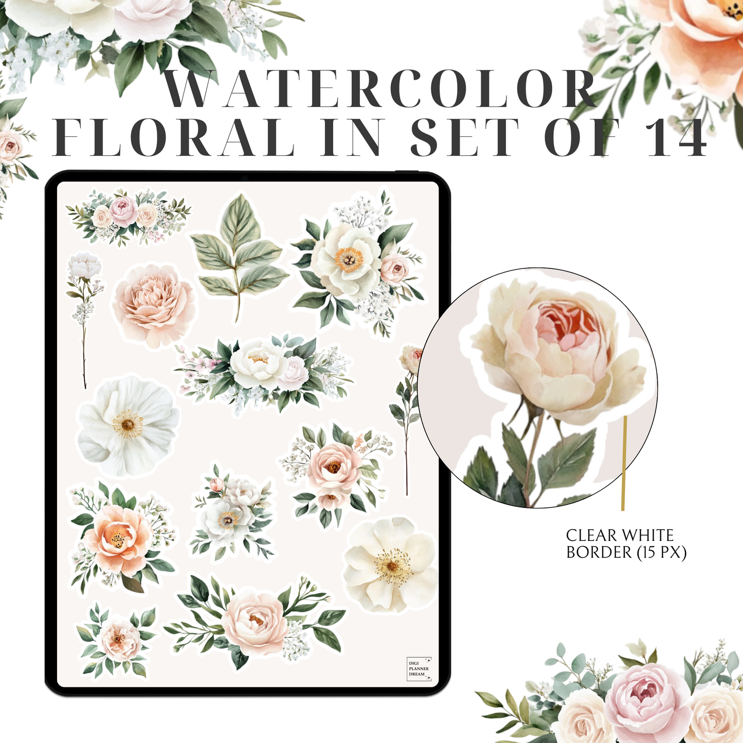 🌸 14 Watercolor Floral Stickers for GoodNotes | Pre-Cropped PNGs | Digital Planner Stickers with White Border 🌸