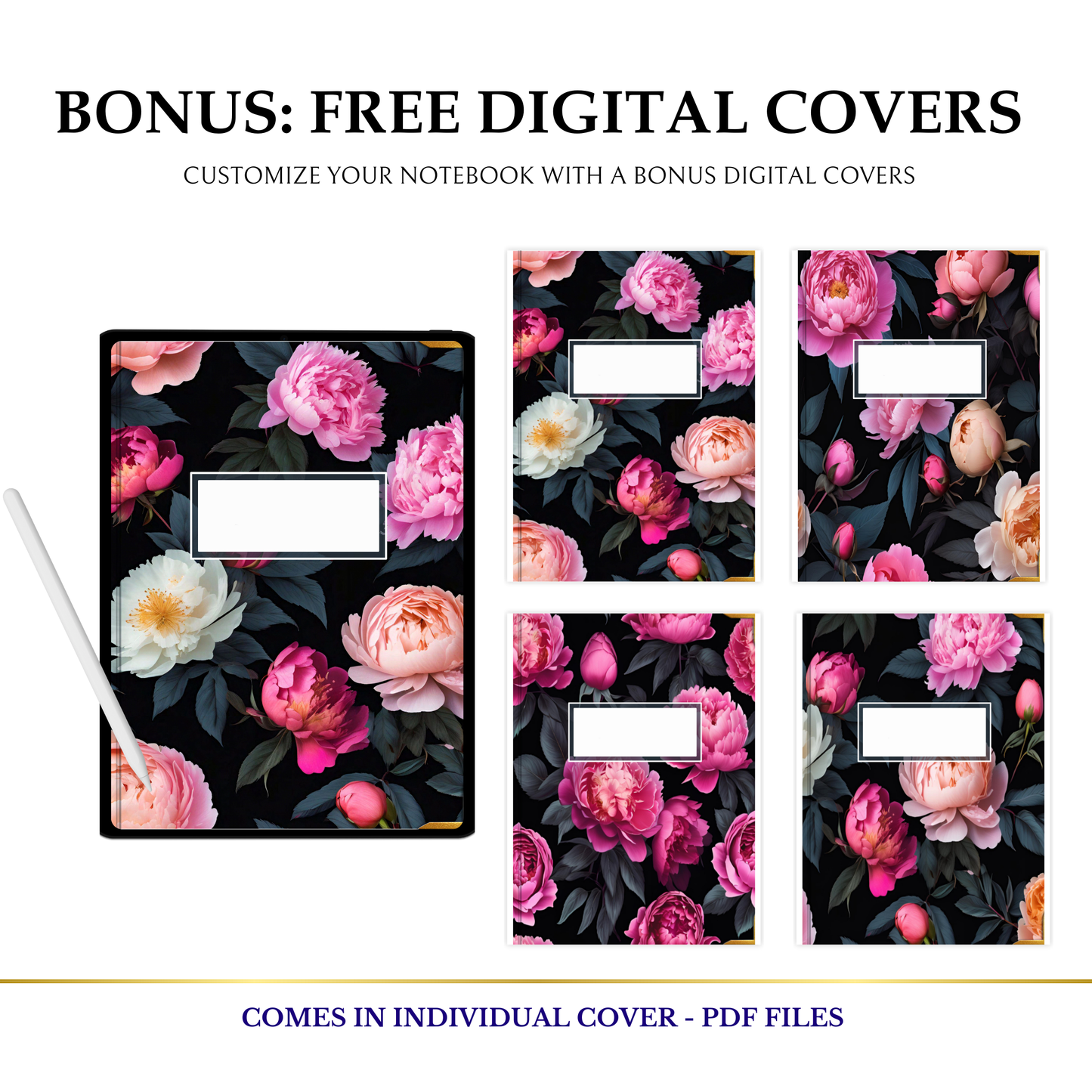 Digital Notebook, Portrait, Goodnotes, Android Friendly Tablet, 12 Sections, Free Covers, Peonies, Pink