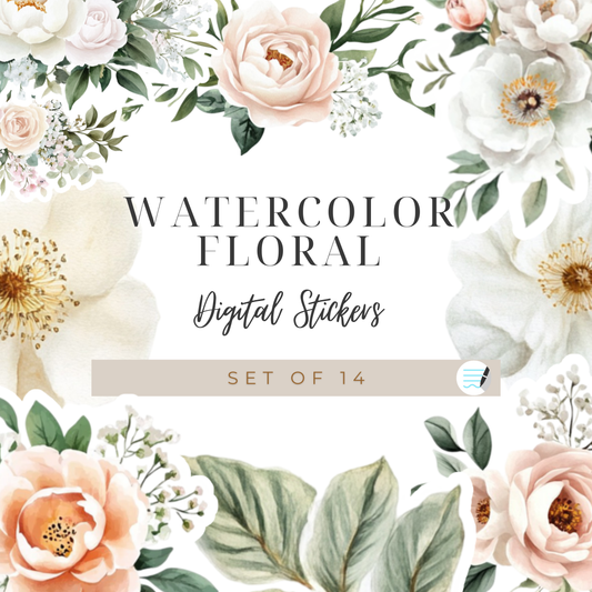 🌸 14 Watercolor Floral Stickers for GoodNotes | Pre-Cropped PNGs | Digital Planner Stickers with White Border 🌸