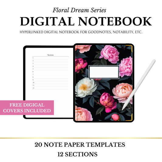 Digital Notebook, Portrait, Goodnotes, Android Friendly Tablet, 12 Sections, Free Covers, Peonies, Pink