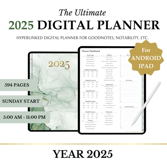 Ultimate Digital Planner, 2025, Portrait, Hyperlinked, Goodnotes, Android, Green, Wellness, Finance, Organization, Projects, Goals, Notes