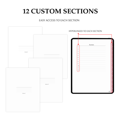 Digital Notebook, Portrait, Goodnotes, Android Friendly Tablet, 12 Sections, Free Covers, Peonies, Pink