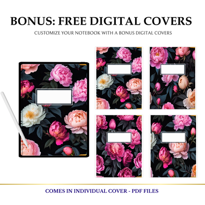 Digital Notebook, Portrait, Goodnotes, Android Friendly Tablet, 12 Sections, Free Covers, Peonies, Pink