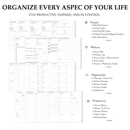 Ultimate Digital Planner, 2025, Portrait, Hyperlinked, Goodnotes, Android, Green, Wellness, Finance, Organization, Projects, Goals, Notes